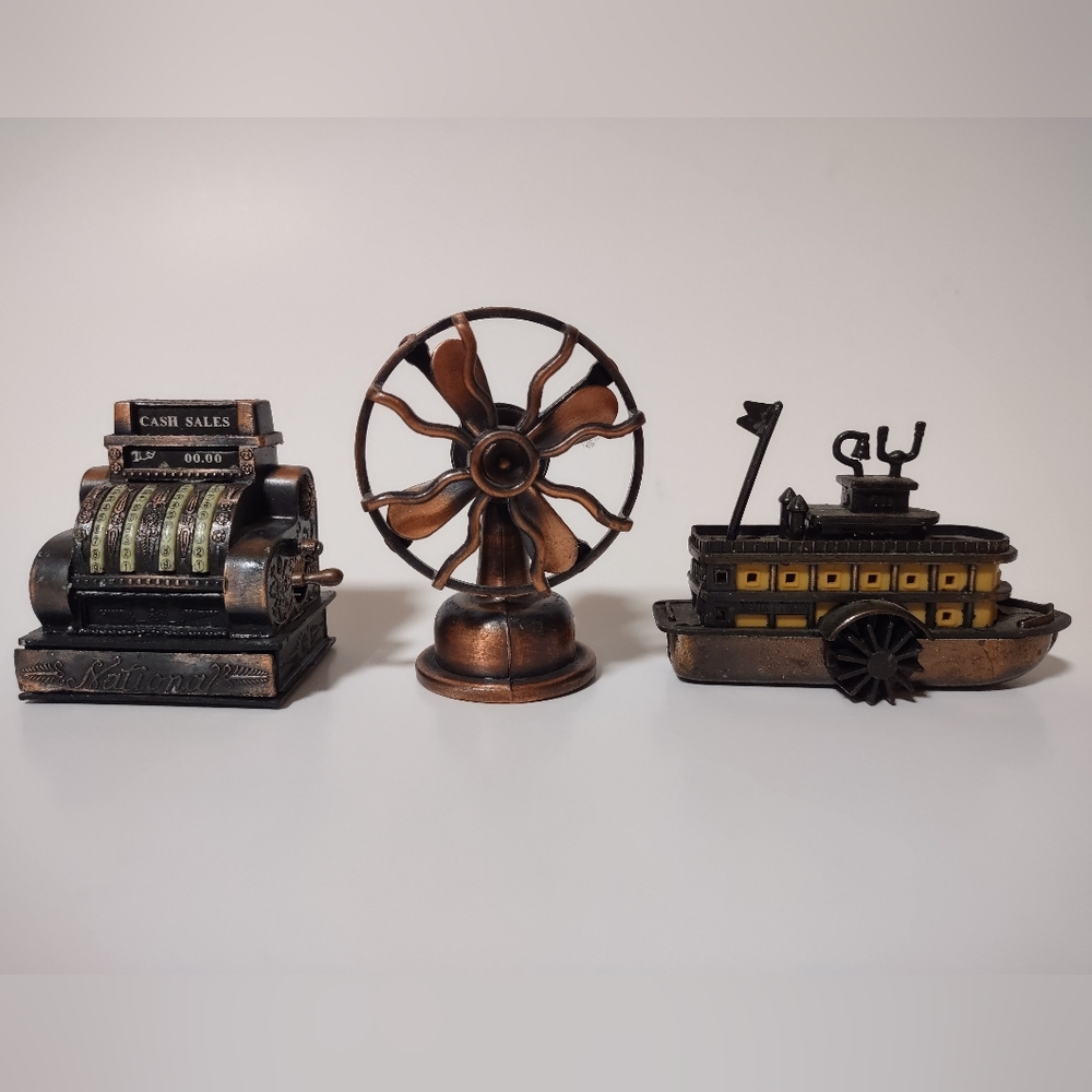 3 Vtg Diecast Mini Steam Boat / Cash Register / Fan Pencil Sharpeners